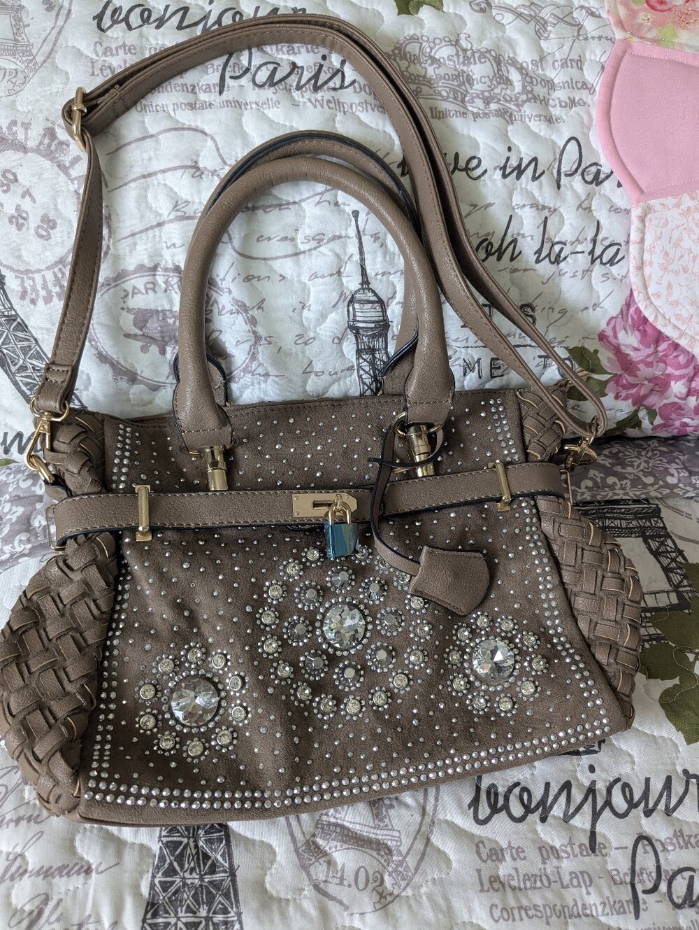 Studded Taupe Suede Tote Bag with Top Handles